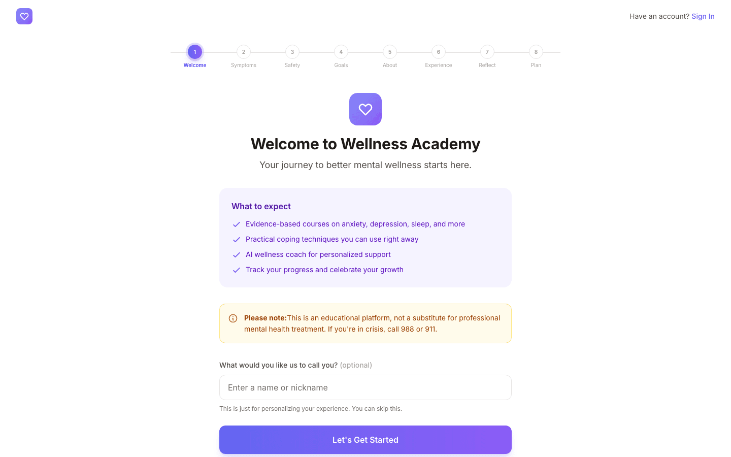 Wellness onboarding wizard capturing goals and a baseline check-in