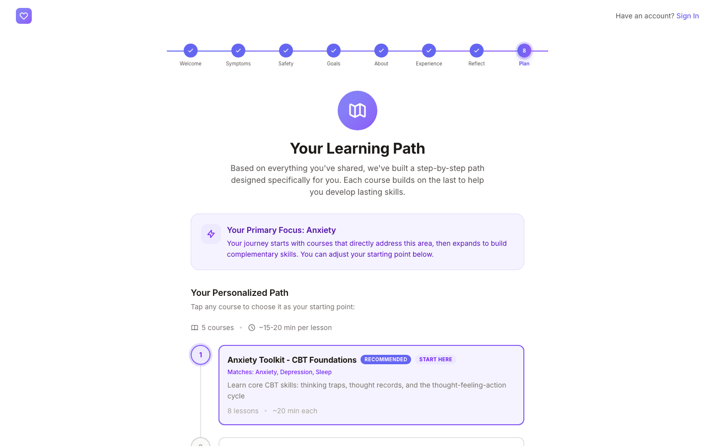 Validated GAD-7 and PHQ-9 self-assessment with scored results