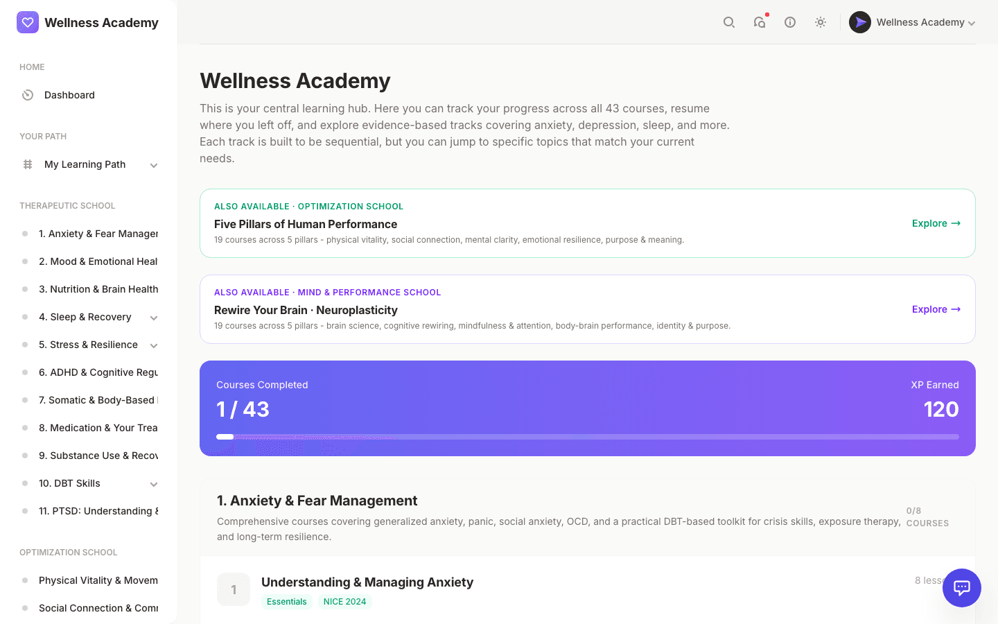 Course library across the therapeutic, optimization, and mind tracks