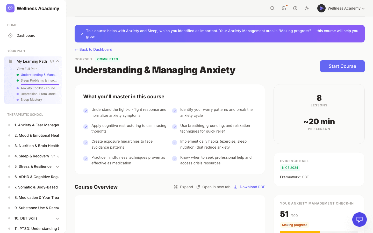 Interactive lesson with a guided breathing exercise and thought record