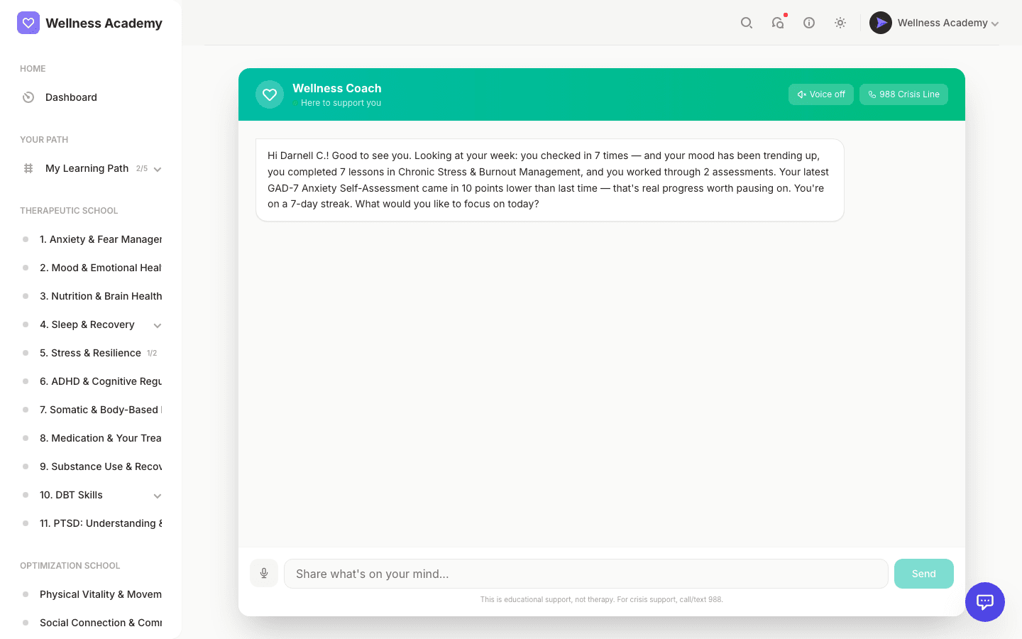 AI wellness coach chat reinforcing skills between sessions