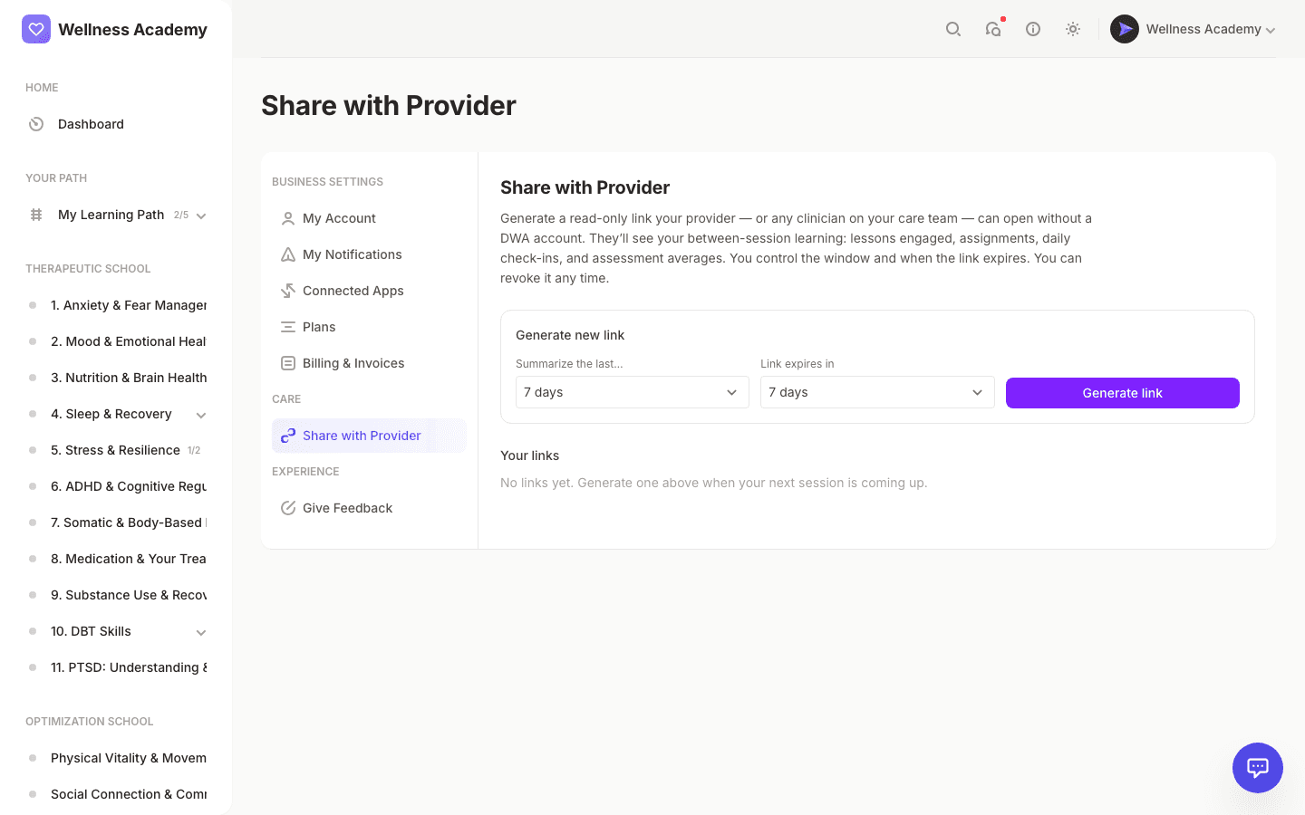 Patient-controlled progress share link for a provider