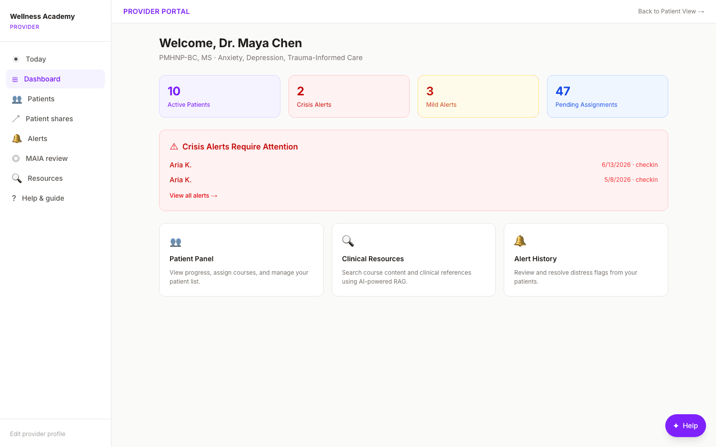 Provider dashboard with patient roster, engagement status, and today’s priorities