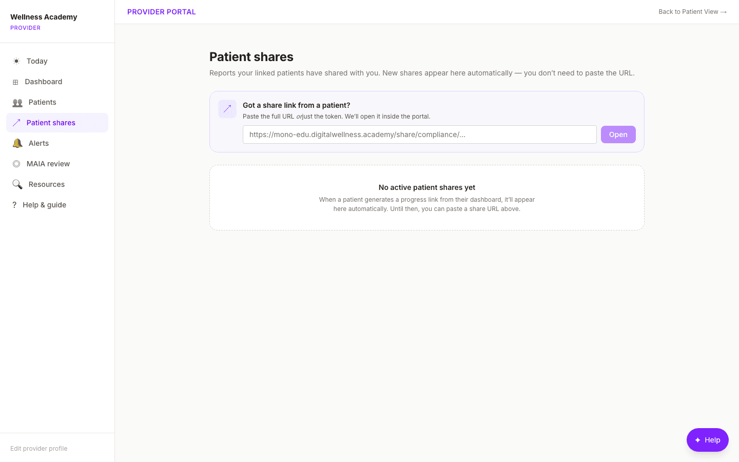 Compliance-ready progress export links shared with patients or referrers